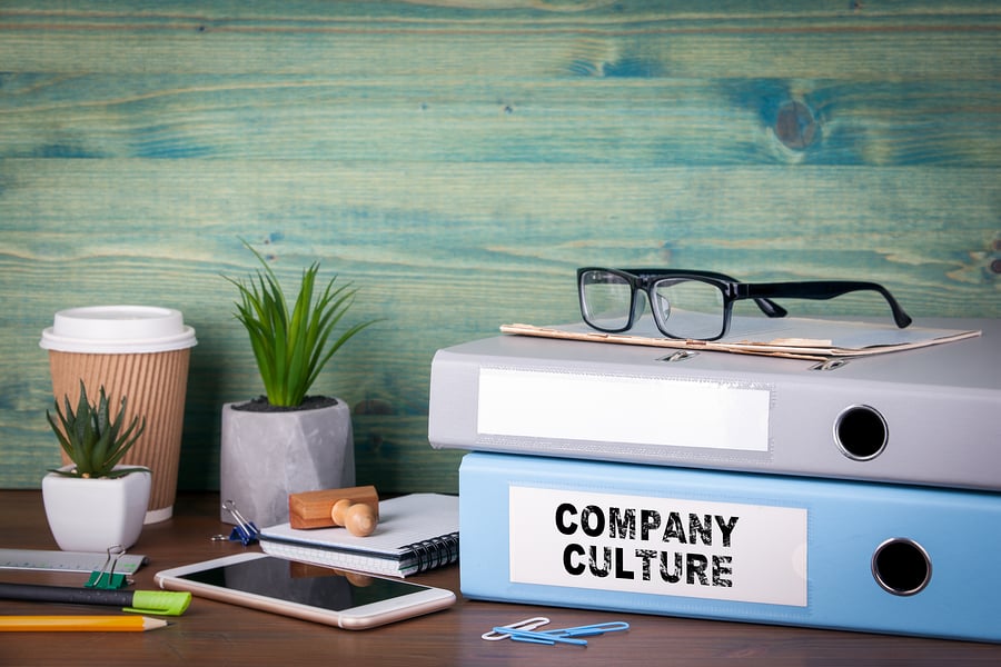 Company culture binder with glasses and plants on a desk