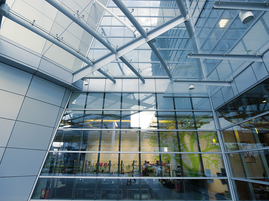 Glass atrium of a modern office building